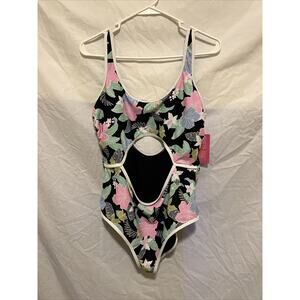 Ninety Nine Womens Junior Swim Suit Floral Black Sz XL Cut Out One Piece NWT